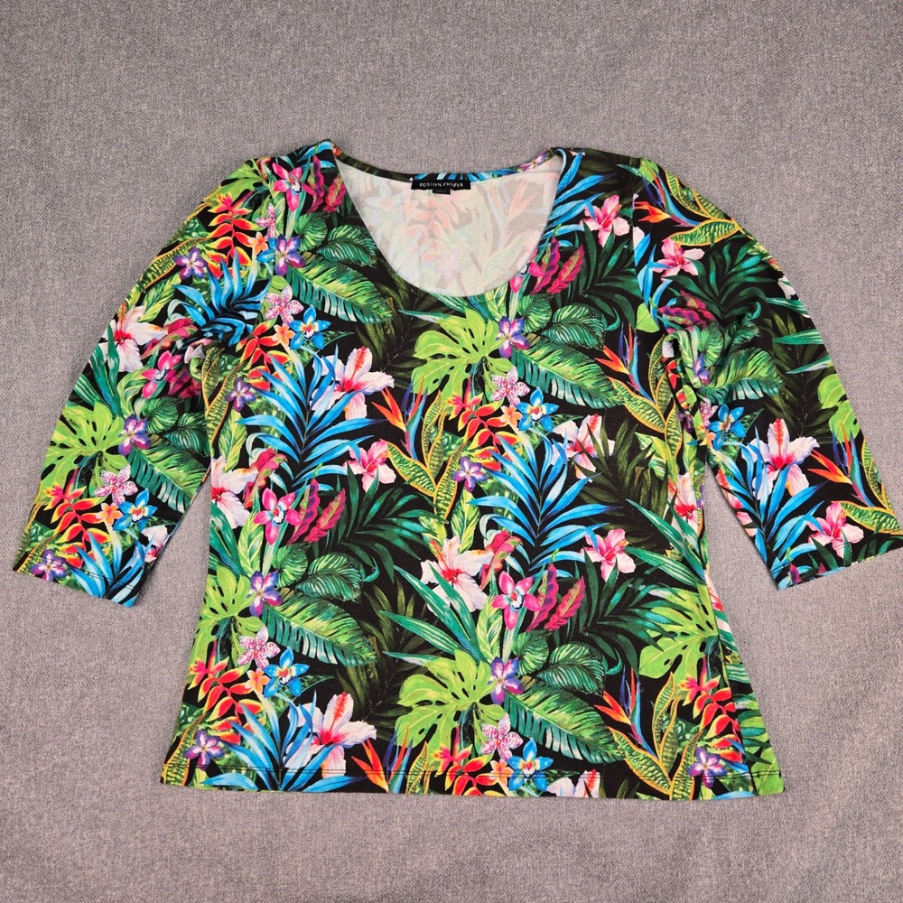 Boston Proper XL Tropical Floral Top 3/4 Sleeve Scoop Neck Stretch Black Women's